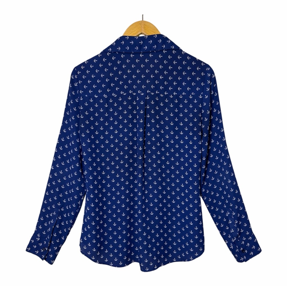 Nautical Anchor Print Blouse S Express Long Sleeve Button Down Navy Coastal Blue - Picture 2 of 10